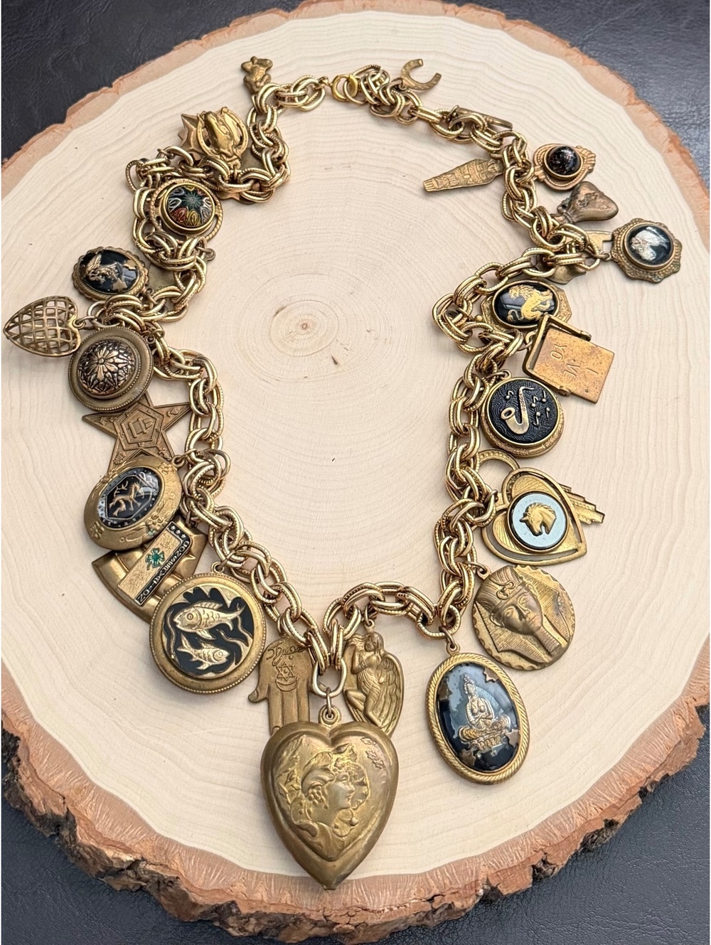 Vintage Antiqued Brass Chunky Charm Statement Necklace 29.5" Long 31 Charms!
